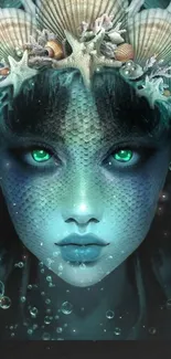 Mystical mermaid with glowing eyes in underwater fantasy art.