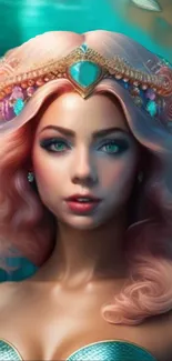 Mystical mermaid with vibrant crown and ethereal backdrop in fantasy art style.