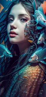 Mystical mermaid surrounded by colorful fish in a fantasy underwater setting.