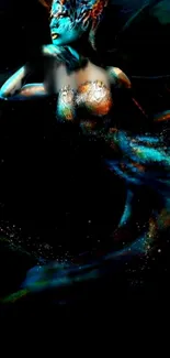 Mystical mermaid art with vibrant colors on a black background.