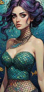 Artistic mermaid with purple hair and netted top surrounded by goldfish.