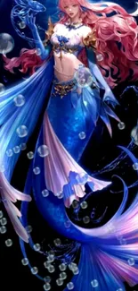 Mystical mermaid artwork in vivid blue hues, perfect for fantasy lovers.