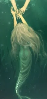 Enchanting mermaid reaching out underwater scene.