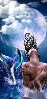 Mystical mermaid with moon in ocean.