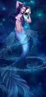 Mystical mermaid with blue tail and ethereal ocean background.