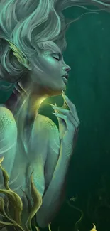 Mystical mermaid art with teal-green hues and fantasy elements.