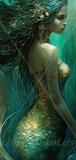 Mystical teal mermaid art with flowing hair and underwater ambiance.