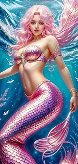 Mystical mermaid with pink scales in an underwater fantasy setting.