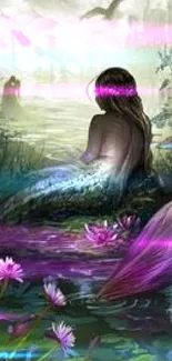 A mystical mermaid sits in a pond, surrounded by lush greenery and water lilies.