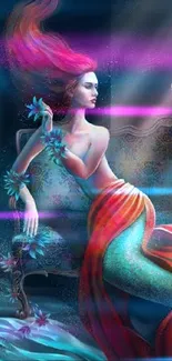 Mystical mermaid with flowing red hair in vibrant underwater fantasy art.