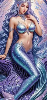 Enchanting purple-toned mermaid fantasy illustration for mobile wallpaper.