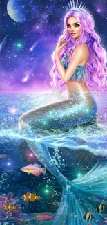 Fantasy mermaid with violet hair in cosmic sea wallpaper.