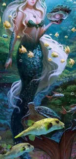 Enchanting mermaid with vibrant fish in a mystical underwater setting.