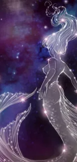 Mystical mermaid glows in a deep purple galaxy background.