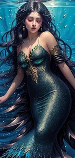 Mystical mermaid gracefully swims in deep blue ocean waters.