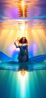 Mystical mermaid emerging in sunlit blue ocean waters, an enchanting fantasy scene.