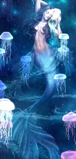 Mermaid with glowing jellyfish in dark blue ocean.