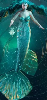 A mesmerizing mermaid with a sparkling tail swimming gracefully in an aquatic scene.