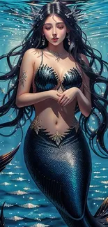 Mystical mermaid with flowing hair in deep blue underwater scene.