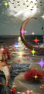 Mermaid under moonlight with vibrant coral and dreamy ocean.