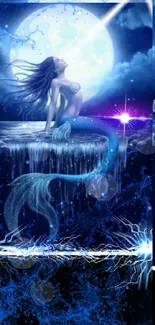 Mystical mermaid under moonlight with ocean background.