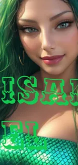 Mystical mermaid with green hair and scales.