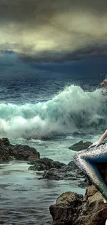 A mystical mermaid rests on rocks by the ocean.