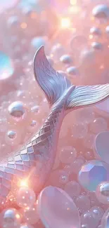 Fantasy mermaid tail amidst shimmering bubbles