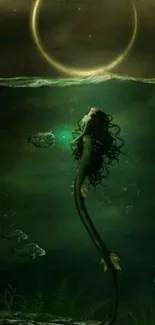 Enchanted mermaid under a crescent moon in a mystical underwater scene.