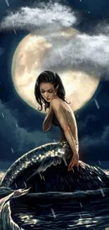 Mystical mermaid under a moonlit sky, surrounded by dark ocean waves.