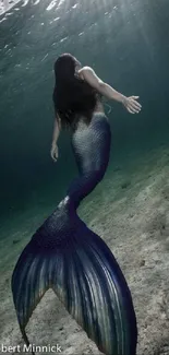 A mystical mermaid gracefully swims underwater in an enchanting ocean scene.