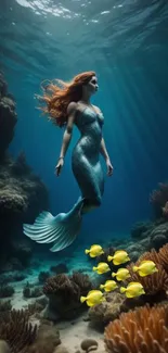 Mermaid swims gracefully underwater with vibrant yellow fish in a serene ocean scene.