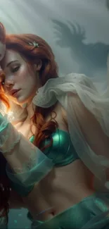 Fantasy wallpaper with two mystical mermaids underwater.