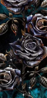 Artistic metallic roses on a dark background.