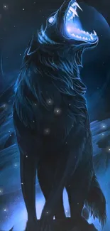 Mystical midnight wolf with blue glow in the night sky mobile wallpaper.