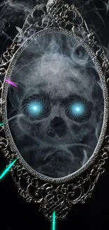 Mystical mirror with smoke and glowing eyes on black background.