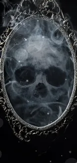 Ornate mirror reflecting a skull in a mystical, dark setting.