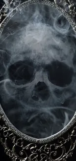 A skull reflects in a smoky, ornate mirror on a dark background.