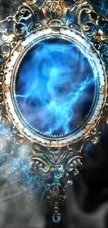 Ornate mirror with a mystical blue aura radiating light.