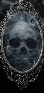 Ornate mirror with smoke forming a skull, set against a black background.