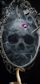 Mystical mirror with skull, snake, and vibrant lips.