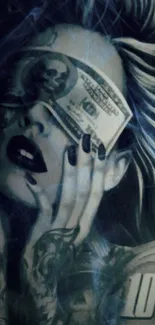 Stylish woman with money-themed artwork in dark blue tones.