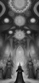 Mystical monochrome wallpaper with robed figures in a fantasy setting.