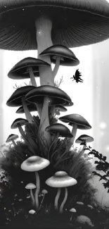 Monochrome wallpaper depicting mystical mushrooms.