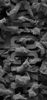 Dark monochrome wallpaper with abstract textures and bold text.