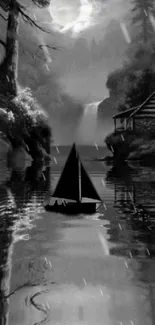 Monochrome wallpaper with sailboat and cabin on a misty lake at night.