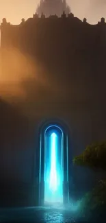 Mystical monument with glowing blue portal and enchanting scenery.