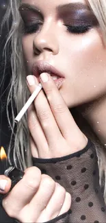 A fashionable person smoking with deep makeup in a dramatic pose.