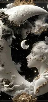 Celestial art wallpaper with moon and serene figure.