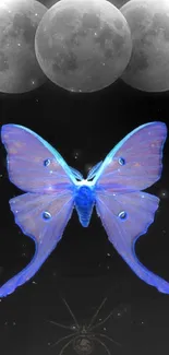 Mystical wallpaper with moons and blue butterfly over dark background.